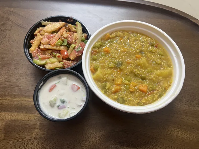 Quinoa Veggie khichdi, Salad and Cooling Raita