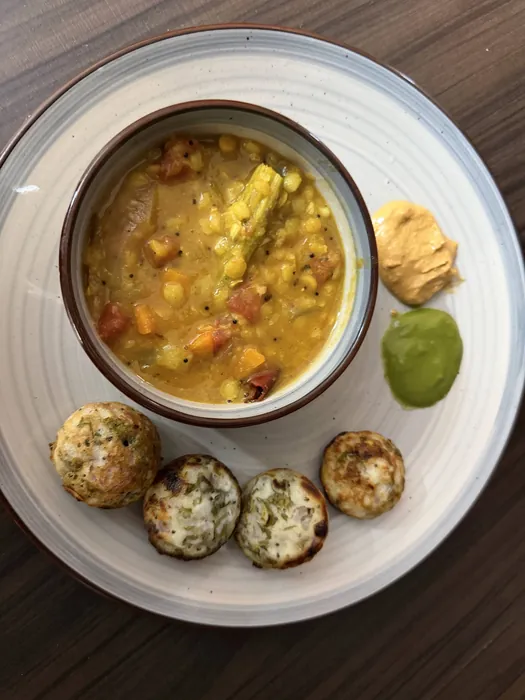 High protein veggie appe with sambar and chutneys