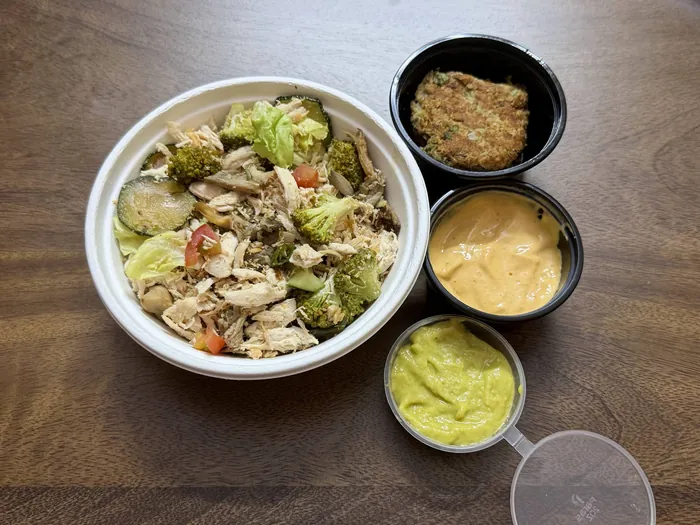 Big Shredded chicken salad bowl with high protein dressing + Chana Galouti kebabs with kiri chutney